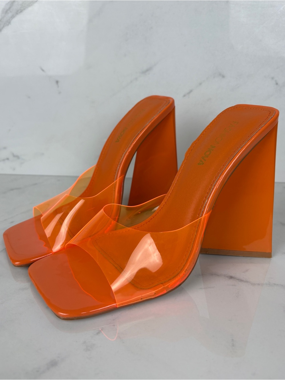 🍊 Fashion Nova Orange Clear Triangle Wedge Mule Heels - Size 6